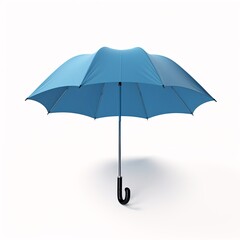 A compact blue umbrella lying flat on a clean white floor