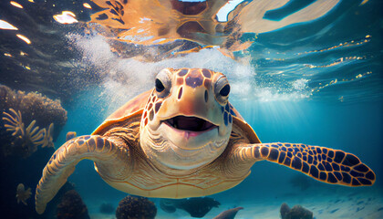 Portrait of big swimming in ocean turtle, close-up. Underwater world, tropical sea life. Generative AI