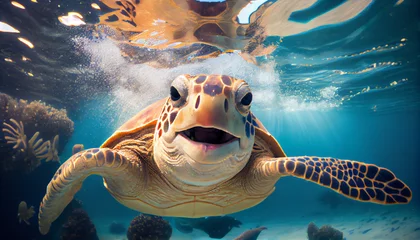  Portrait of big swimming in ocean turtle, close-up. Underwater world, tropical sea life. Generative AI © Anna