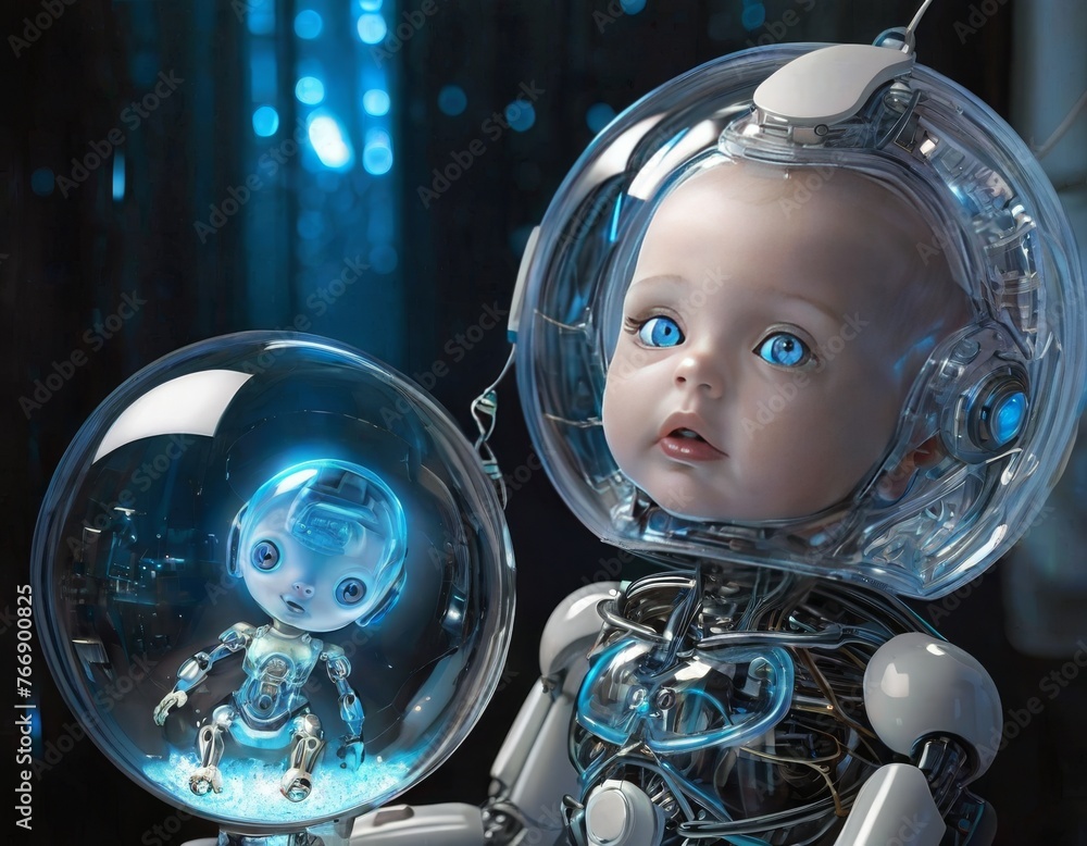 Poster a cyber baby gazes at its reflection in a transparent sphere, encapsulating the intersection of chil