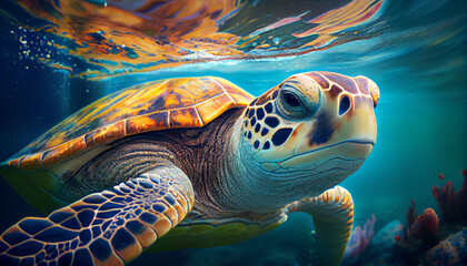 Fototapeta premium Portrait of big swimming in ocean turtle, close-up. Underwater world, tropical sea life. Generative AI
