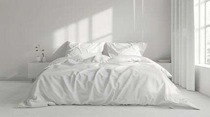 Mock up of white bedding on comofortable bed with pillows and blanket modern minimalist interior. Template for prints - obrazy, fototapety, plakaty