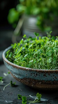 Bowl of green microgreens on a textured surface. Generated AI.