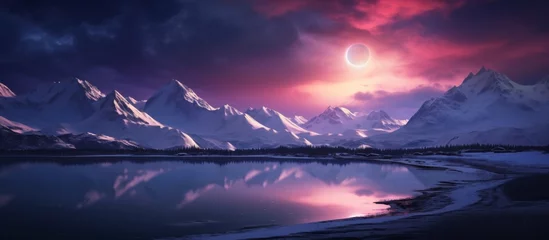 Photo sur Plexiglas Réflexion A serene lake reflecting the moonlight, encircled by snowcapped mountains under a starry sky, creating a stunning natural landscape