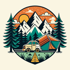 A vector camp and car in forest for your logo vintage, communnity or your wallpaper