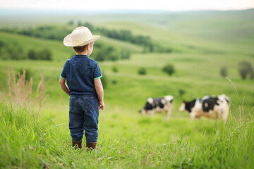 A boy in a sun hat stands on a green field or mountain valley with a dairy farm. Raising animals or raising livestock. Back view. Copy space.