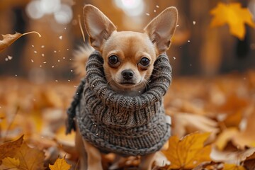 Chihuahua in a sweater amidst falling autumn leaves. Generated AI.