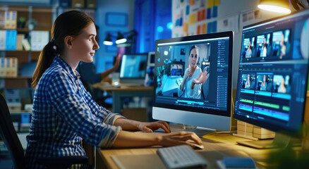 A female video maker works on her computer in the office, two monitors showing an online editing software with videos being created and cut together - obrazy, fototapety, plakaty