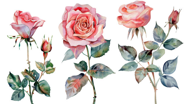 Watercolor Elegant Rose Arrangements Isolated on Transparent Background, PNG Format