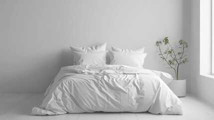 Mock up of white bedding on comofortable bed with pillows and blanket modern minimalist interior. Template for prints - obrazy, fototapety, plakaty