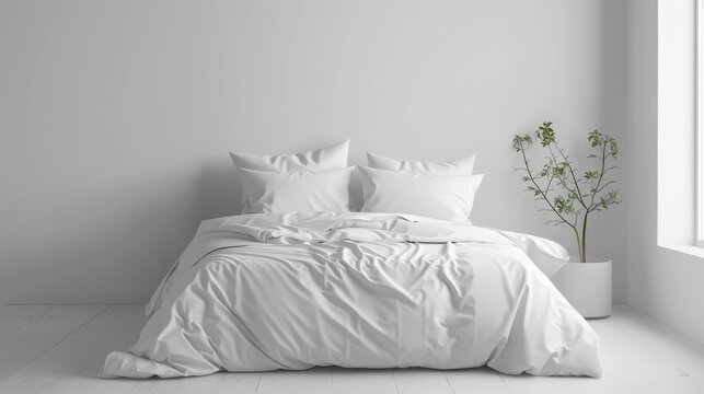 Mock up of white bedding on comofortable bed with pillows and blanket modern minimalist interior. Template for prints