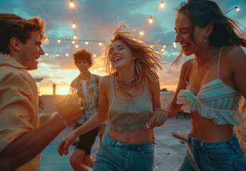 Young friends having fun dancing at a rooftop party with fairy lights