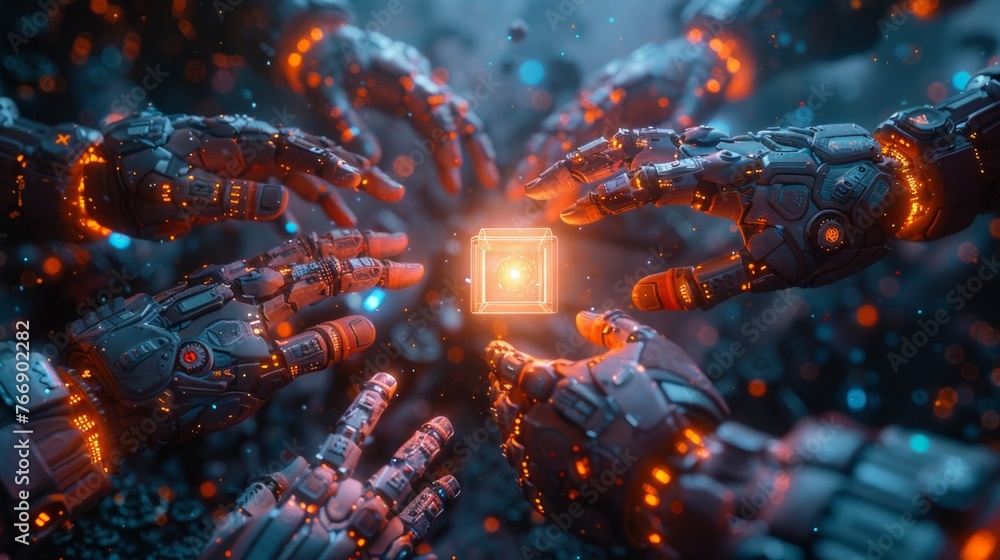 Poster cybernetic hands forming a network around holographic core