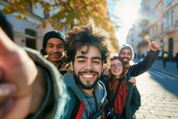 A group of friends took a selfie while traveling and posed for a photo in the city as the sunset light