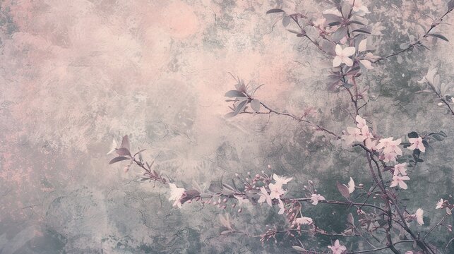 Blossoming branches against a textured vintage wall background. Generated AI.