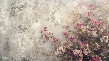Blossoming branches against a textured vintage wall background. Generated AI.