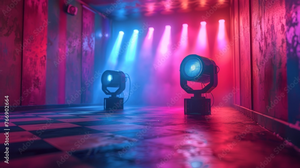 Aufkleber a realistic modern bright projector isolated on a plaid backdrop illustrating a scene of lights. bac
