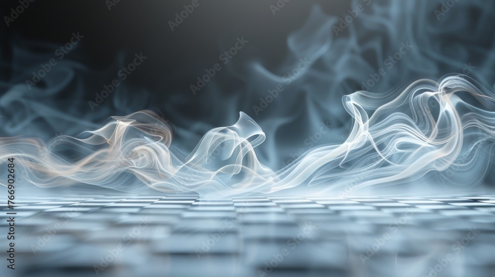 Poster isolated on a checkered background is an abstract transparent smoke with hot white steam