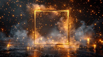 The modern illustration is isolated on a background of black transparent background. It has a golden frame with lights effects. This is a shining rectangle banner. - obrazy, fototapety, plakaty