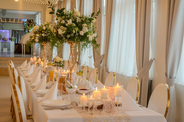 Luxury white restaurant is prepared for the wedding - 766902663