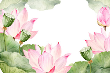 Neon pink lotus flower and leaves growing in water, watercolor illustration isolated on white. Bright Asian tropical water lily plant with bud for spa and yoga salon, blogs and floral botanical cards - obrazy, fototapety, plakaty
