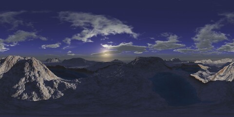 HDRI, Round panorama, spherical panorama, sunrise over the planet, sunrise over the icy moon,
3D rendering - 766902881