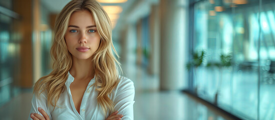 a pretty blonde female model, young woman with a set surface to write on.