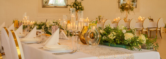 Luxury white restaurant is prepared for the wedding - 766903076