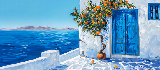 Oil painting of Greek village house sea. Summer landscape banner