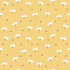 Seamless pattern with white flowers on yellow background. Vector illustration. Can be used for wallpapers, wrapping paper, cards, patterns for clothes and other.