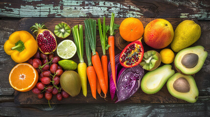 Fresh Fruit and Vegetables Arranged in a Vibrant Display