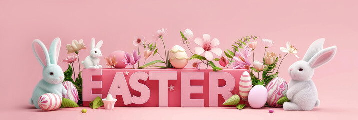 Banner on light pink pastel background with
  "EASTER" lettering, surrounded by Easter eggs, bunnies and flowers, isometric design.