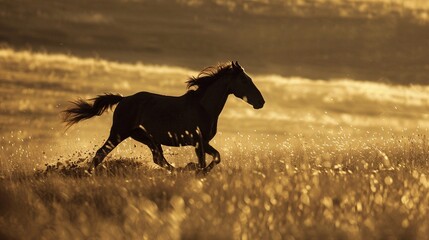 Horse galloping in the meadow at sunset. Summer field.