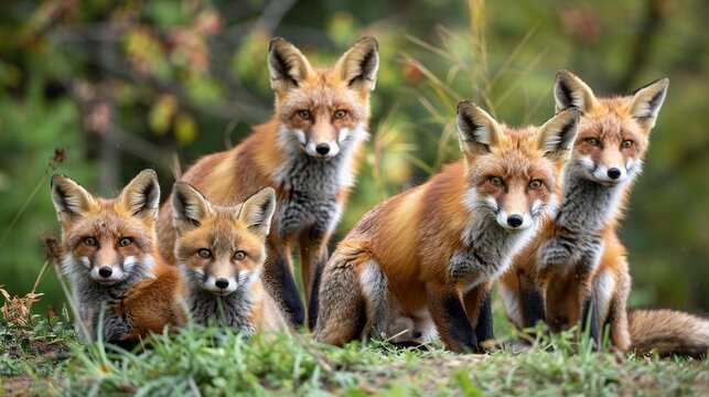 Group of red foxes in the grass looking to the camera. Animals family.