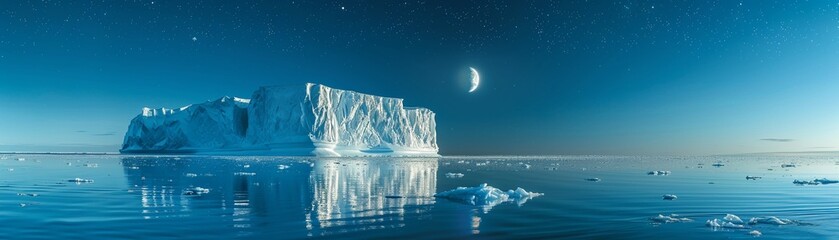 Massive iceberg, personifying perseverance, under starlit sky, calm maritime setting, - obrazy, fototapety, plakaty
