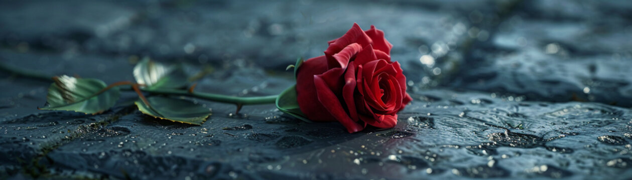 A single red rose on a war memorial, symbolizing the sadness and conflict of war,