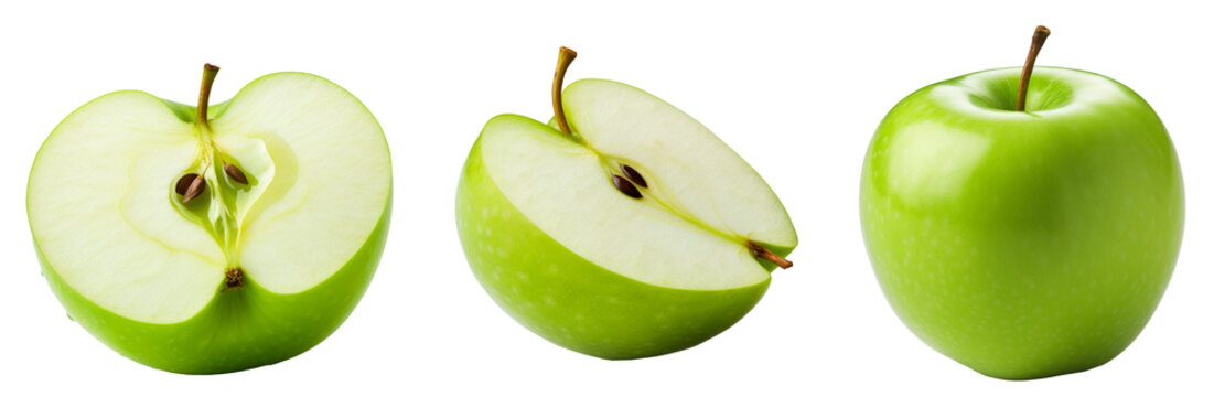 Green apple isolate. Apples on white background. Whole, half, slice green apple set with clipping path.