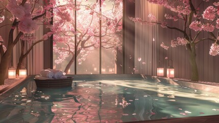 Couple Sitting in Pool Surrounded by Pink Flowers