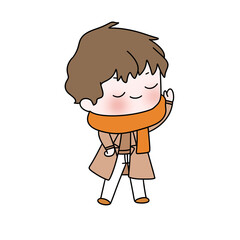 A cartoon boy is wearing a scarf and is waving. He is smiling and he is happy