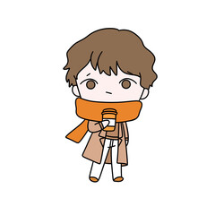 A cartoon boy is holding a cup of coffee and a bottle of medicine. He is wearing a scarf and a brown coat