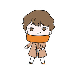 A cartoon boy wearing a scarf and a coat. He is smiling and looking at the camera. The image is in a light color palette