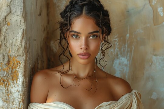 beautiful depiction of black latina greek or roman godess with a white dress on neutral background . 