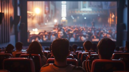 Group of people, view from the back, sitting in big cinema, watching an action movie projected on a large screen