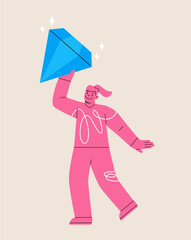 Woman holding a valuable diamond. Finding yourself searching for self value success. Colorful vector illustration