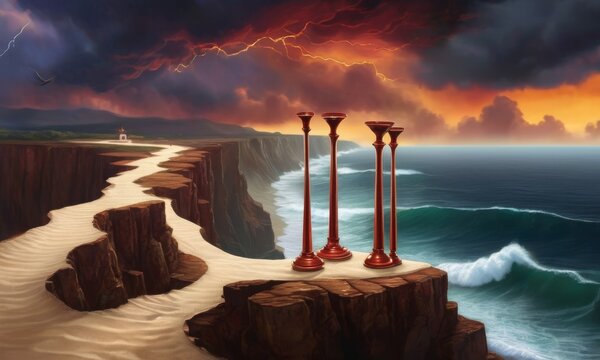 Atmospheric scene of a cliffside path leading to three towering pillars under a stormy sky, symbolizing strength and the passage of time AI generation