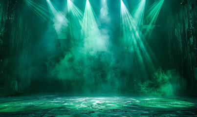 Dynamic green stage with spotlight and mist for epic performances background