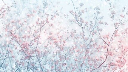 Soft focus of delicate pink blossoms in a dreamy blue mist. Generated AI.
