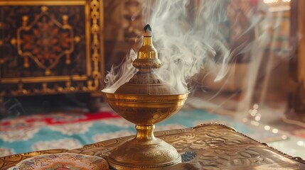 A traditional brass incense burner releasing fragrant smoke, adding an aromatic element to the celebration of Ramadan. - obrazy, fototapety, plakaty