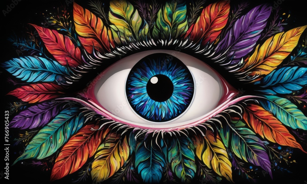 Poster an intricately detailed eye is encircled by a radiant array of multicolored feathers, creating a cap