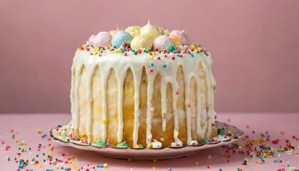 Birthday Cake with White Drip Icing & Sprinkles - obrazy, fototapety, plakaty